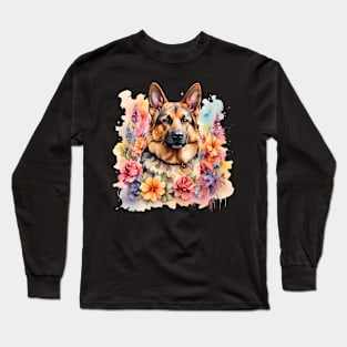 A german shepherd decorated with beautiful watercolor flowers Long Sleeve T-Shirt